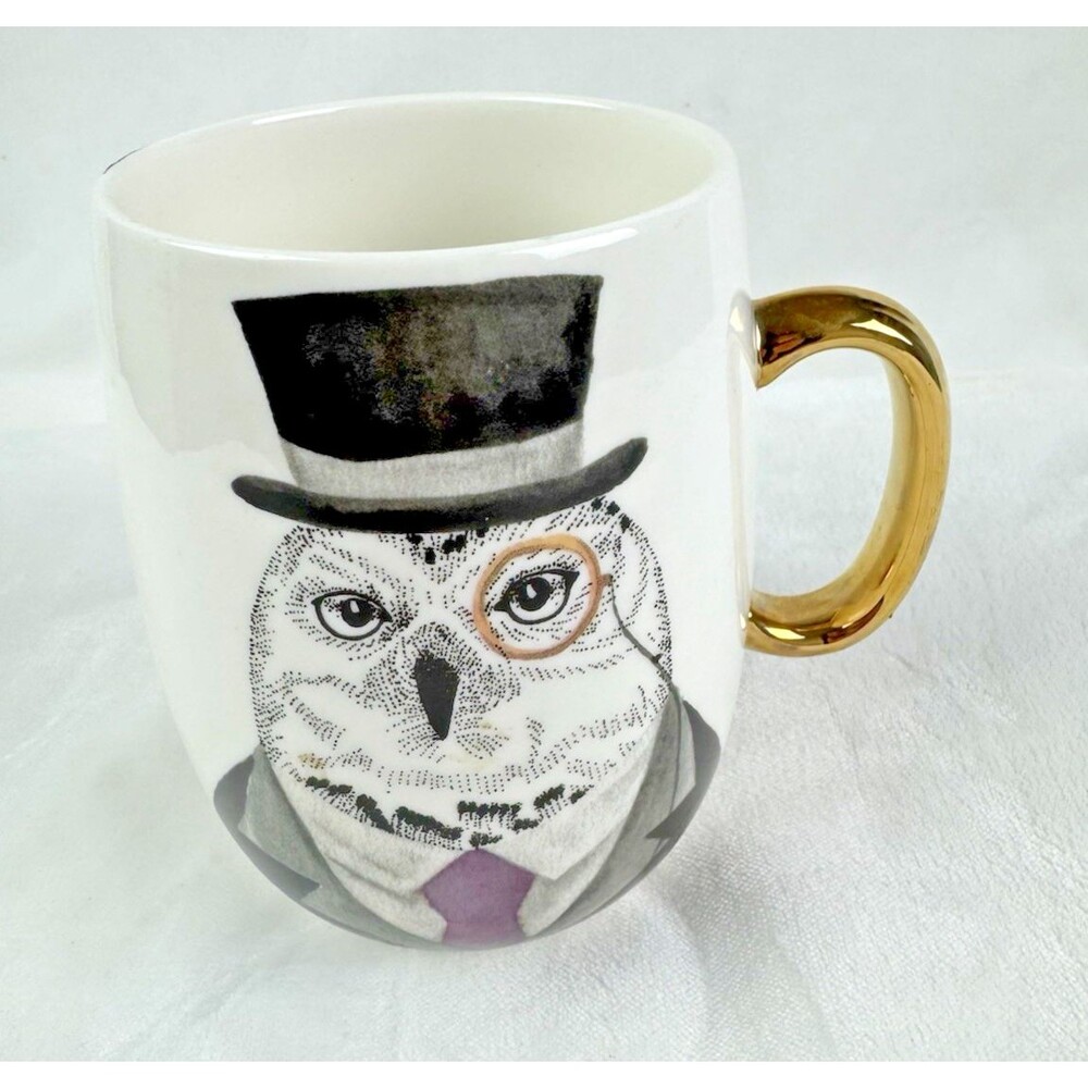 Pier 1 Owl in Top Hat Suit Gold Handle 24 oz Mug. 3.5" Wide x 5" Tall.